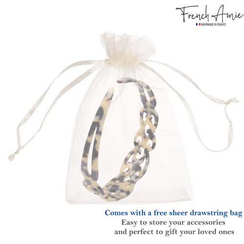 French Amie Filigree Wide 1" Celluloid Acetate Handmade Head bands Fashion Flexible Non Slip Durable Styling Women Hair Accessories, Made in France (White Tokyo)