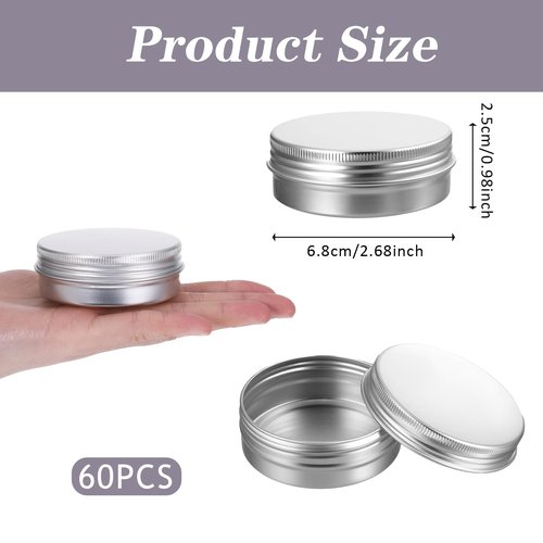60 Pack 2 OZ Metal Round Tins, Aluminum Tin Cans Containers with Screw Lid for Lotion Bars, Balms, Salve, Spices or Beard Balm
