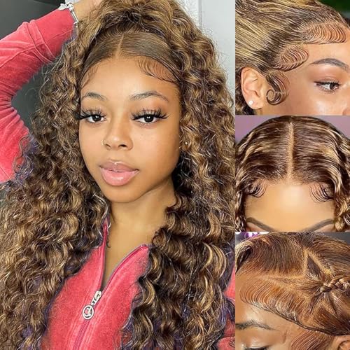 30 Inch 13x6 Lace Front Wig Human Hair Wigs Highlight Deep Wave Wigs 180% Density 4/27 HD Curly Honey Blonde Wig Human Hair Pre Plucked Colored Wigs