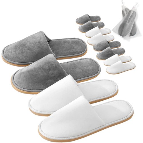 GONG GONG Non Slip Disposable Slippers, 6-12 Pairs, Washable, Reusable, Closed Toe, Crystal Velvet (Grey+White 6Pairs, Adult, Men, Large, Alpha, US Footwear Size System, Medium)