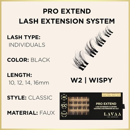 PRO Extend Lash System | 48 Lash Clusters in 4 lenghts: 10mm 12mm 14mm 16mm | Flat-Band All-Day Comfort | DIY Lash Extensions (W2 | WISPY)
