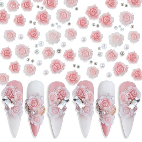 3D Pink Rose Flower Nail Charms Flower Nail Art Charms Nail Pearls Flower Charms for Nails Design Nail Flowers Rose Nail Charm Floral Nail Jewels for Nail Art Rhinestones for Nails Charms Nail Decor
