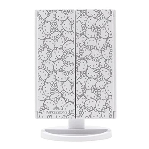 Impressions Vanity Hello Kitty Trifold LED Mirror, Desk Mirror with Lights and Touch Sensor Switch, Lighted Makeup Mirror with 2X and 3X Magnifying (White)