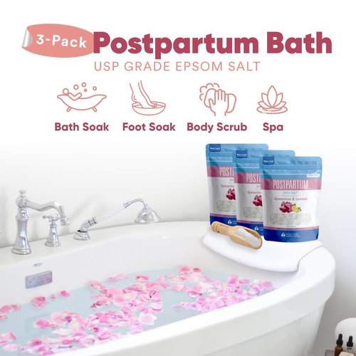Postpartum Bath Salt (3 Pack with Scoop) Postpartum Bath Soaks USP Grade Epsom Salt with Pure Essential Oils in BPA Free Pouch with Press Lock Seal Made in USA Three 2 Lbs Pouches 6 Lbs Total