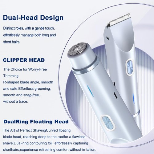 Women's Electric Shaver Bikini Trimmer for Women Razors 2-in-1 Dual Head Design IPX7 Waterproof Wet & Dry Use Body Groomer Hair Trimmer Remover for Facial Underarm Arm Face Leg Bikini (Blue)