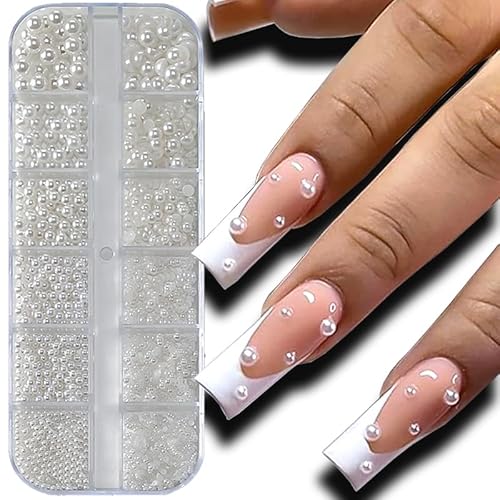 12 Grids Pearl Beads Nail Art Charms Nail Pearls White Pearl Charms for Nails Design Flat Back Pearls for Crafting Manicure Bead Kit Women Nail Beads Fingernail Decorations Cute Beads for Crafts