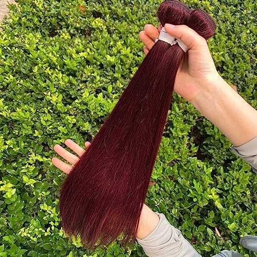 Remy Hair: Burgundy Brazilian Virgin Straight Hair Bundles 16-20 Inch, Double Weft Unprocessed Human Hair Extension Sets - Auburn
