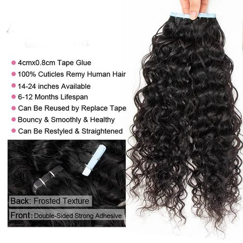 Curly Tape in Hair Extensions Human Hair for Women Water Wave Double Side Skin Weft Tape on 16 Inch Real Virgin Hair Deep Water Wave Invisible Seamless Hair Extensions 50g 20pcs