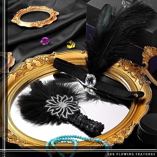 Ceenna 24 Pcs 1920s Flapper Headbands Roaring 20s Black Feather Headpiece for Women 1920s Hair Feather Accessories Birthday Party Hair Costume Decorations