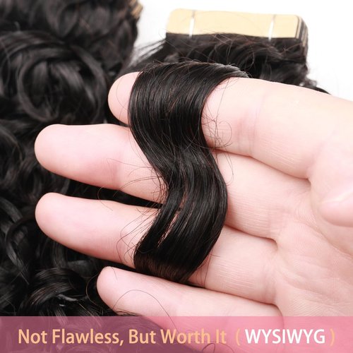 ShowJarlly Tape in Hair Extensions Human Hair 20 Pcs Curl Extensions for Women Real Hair Black Tape in Extensions Jerry Curly Tape Ins Human Hair Natural Black 16 Inch (40g)