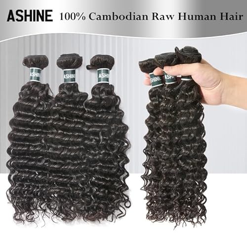 ASHINE Human Hair Bundles Deep Wave Unprocessed Cambodian Raw Hair 16 18 20 Inch, Flip Over Quick Weave Wet and Wave Bundles for Women Natural Black