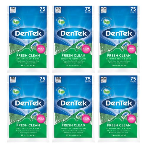 DenTek Fresh Clean Floss Picks, for Extra Tight Teeth, 75 Count, (Pack of 6)