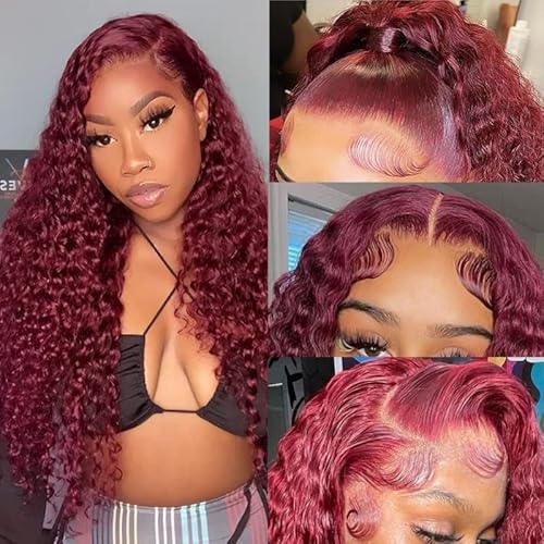 Burgundy Deep Wave Lace Front Wigs Human Hair 99J 13x4 Hd Lace Frontal Wigs Human Hair for Black Women Wine Red Colored (99j Deep 13x4 lace frontal wigs, 30 Inch)