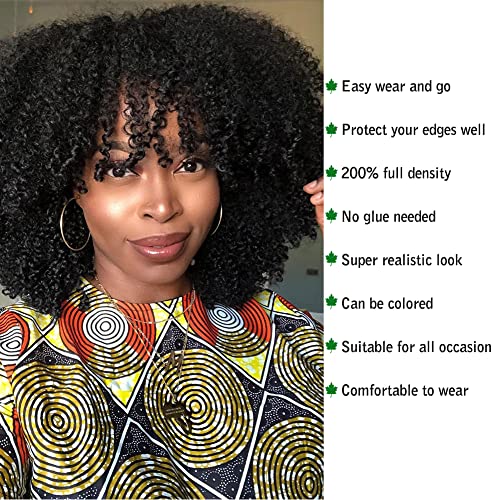 Full 200 Density Afro Kinky Curly Human Hair Wig With Bang Brazilian Virgin Afro Coily Wigs Bangs For Black Women Machine Scalp Top Wig Glueless 16inch