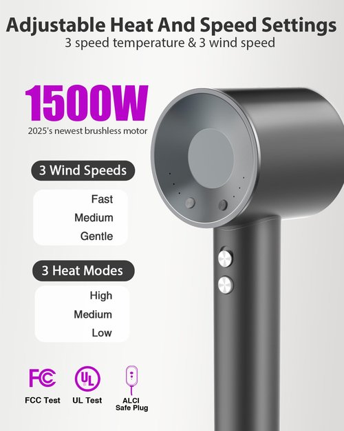 Hair Dryer with Carry Case, 160000 RPM Professional High-Speed Ionic Blow Dryer 200 Millions Negative Ionic&3 Speeds&3 Temps& Low Noise, Hairdryer with diffuser for Faster Drying, No Heat Damage, Gray
