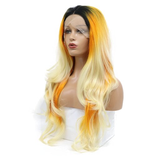 karissa Hair Orange Blonde Lace Front Wigs Black Women Long Orange Yellow Wavy Mermaid Ombre Rainbow Colorful Wigs Natural Hairliner Heat Friendly Party Holiday 24”, Ombre Orange Blonde