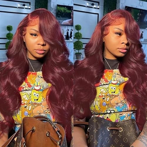 99J Burgundy 28 Inch body wave lace front wig for women 13x4 transparent lace front human hair wigs pre plucked with baby hair body wave wigs Red 180% Density Human Hair Wig for Women