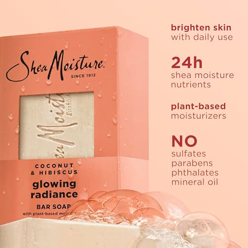 SheaMoisture Bar Soap Coconut and Hibiscus 4 Count Glowing Radiance Glowing Radiance bar soap with 24h shea moisture nutrients for Healthy, Glowing Skin 8 oz