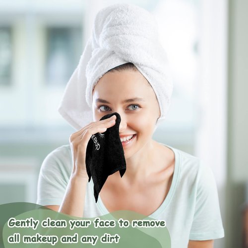 Vabean 30 Pcs Microfiber Black Makeup Washcloths for Face 13 x 13 Inches Makeup Remover Towels Reusable Absorbent Removers Face Wash Cloth with Embroidery for Women