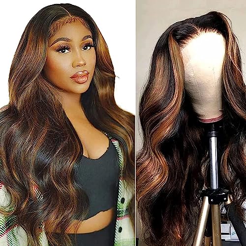 30Inch Ombre Highlight Lace Front Wig Human Hair 13x6 Body Wave Lace Front Human Hair Wigs Colored 1B/30 Brown Lace Frontal Wigs for Women Pre Plucked 180% Density Highlight Wig