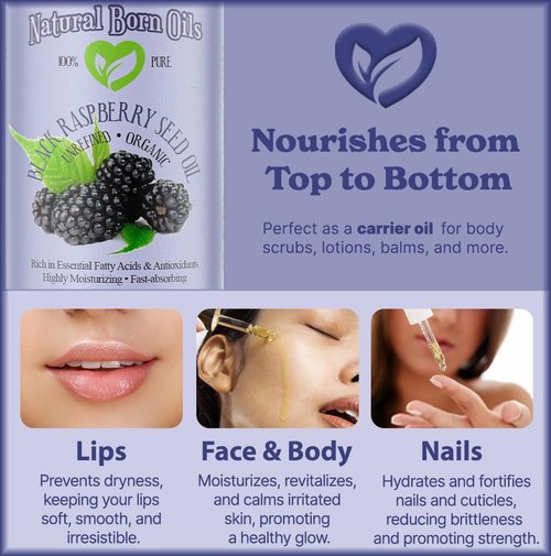 Natural Born Oils Black Raspberry Seed Oil, 16oz, Organic, Cold-Pressed, High in Ellagic Acid, Skin Moisturizer, Hair Health