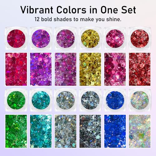 12 Colors Body Face Glitter, Chunky Hair Glitter Gel for Women Kids, Body Makeup for Halloween Party Rave Festival Accessories