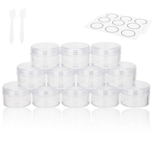 15 Grams Small Plastic Jars with Lids, 12 Pack Travel Cosmetic Containers, Empty Sample Jars with Lids, Body Butter Jars with Lidss and Makeup Spoons