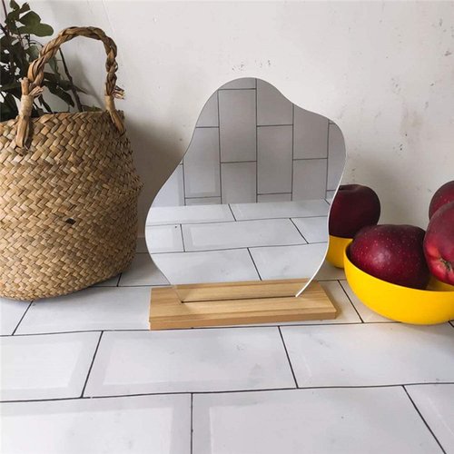 GUOJOZO Acrylic Makeup Mirror for Desk with Stand Aesthetic Desk Decor Vanity Mirror Frameless Table top for Bedroom,Living Room and Minimal Spaces Room Decor (Baby Fat)