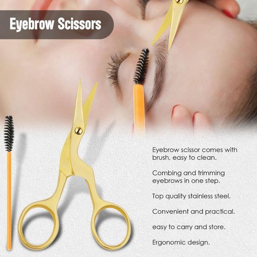 FAMCO Eyebrow Scissors with Comb, Professional Eyebrow kit for Women Grooming, eye brow kit for Beauty scissors with Curved and Rounded Safety Tip, Gold tijeras para cejas with Spoolie Brush
