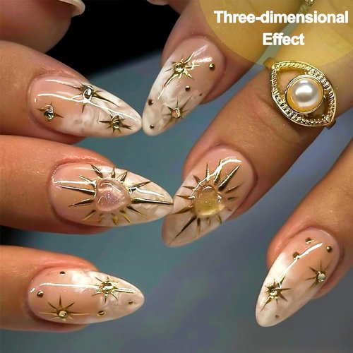 4Pcs Star Nail Decals Embossed Star Nail Art Stickers 5D Self-Adhesive Gold Bronzing Cross Starlight with Heart Rhinestones Nail Design Stickers Luxury Decals for Women Girls Manicure Decoration