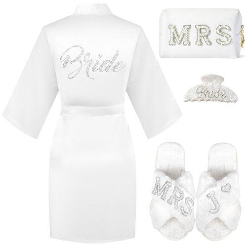 Tkifoda Personalized Initial Letter J MRS Wedding Bride Slippers Robe Makeup Bag Hair Clip, Bride to Be Gifts, Bridal Shower Gifts, Wedding Gift