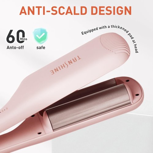 TANSHINE Curling Iron Hair Waver,1.25 Inch Dual Barrel Barrel Ceramic Hair Crimper for Beach Waves,Ionic Deep Waver Curler with Dual Voltage, Anti-Scald Protection Curling Wand, Adjustable Temp,Pink