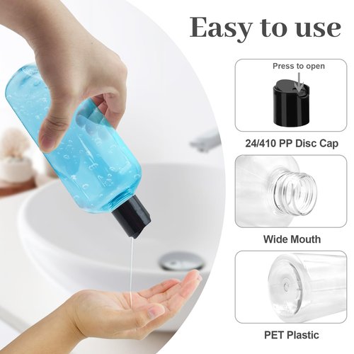 Neendohome 16 oz BPA Free Plastic Suqeeze Bottles with Black Disc Caps Refillable Travel Containers for Toiletries Shampoo conditioner Lotions Liquid Soap Shower Gel (6Pack, Clear)