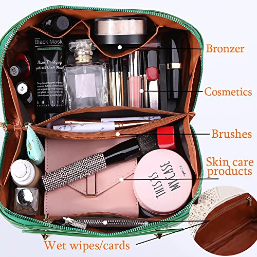 Cessfle Large Capacity Travel Cosmetic Bag Plaid Checkered Makeup Bag Portable Leather Waterproof Skincare Bag with Handle and Divider for Women 01-Green