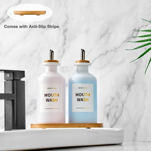 MUVEKA Glass Mouthwash Dispenser for Bathroom, 11.8oz Mouthwash Holder with Stianless Steel Spouts, Mouthwash Decanter with Bamboo Holder, Refillable Cups, Reusable Funnel, Golden Stickers