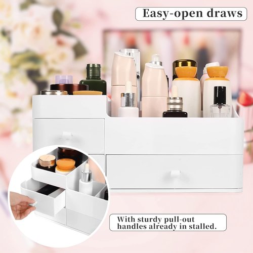 BTremary Makeup Organizer for Vanity, Large Capacity Desk Organizer with Drawers for Cosmetics, Lipsticks, Jewelry, Nail Care, Skincare, Ideal for Bedroom and Bathroom Countertops