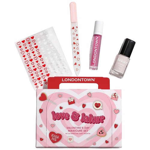 LONDONTOWN Love & lakur Manicure Set - Nail Polish Kit with Sheer Light Pink Nail Polish (Invisible Crown), Glass Nail File, Nail Decal Stickers, and Cuticle Oil for Nail Care