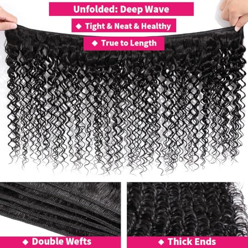 Deep Wave Bundles Human Hair 4 Bundles (20 22 24 26 inches) 12A Virgin Curly Bundles 100% Human Hair Deep Wave Bundles Deep Curly Weave 4 Bundles Natural Black