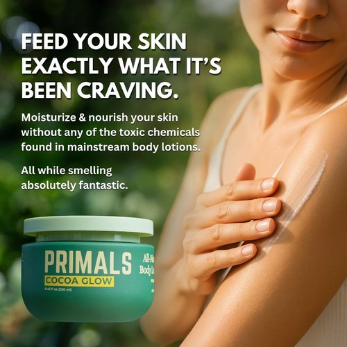 PRIMALS All Natural Body Lotion - Cocoa Butter & Mango Butter - 100% Naturally Derived Ingredients - Alcohol Free, Artificial Fragrance Free, Paraben Free, Petroleum Derivative Free - 8.45 oz