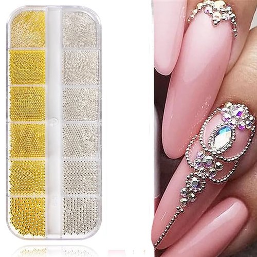 0.8mm Mini Small Nail Beads Stainless Steel Beads Nail Beads Gold Charms Nails Art Decorations Gun Grey Rose Gold Caviar Nail Charms DIY Tool Nail Studs Accessories Caviar Beads for Nails (Silver)