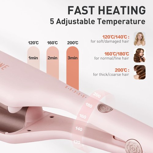 TANSHINE Curling Iron Hair Waver,1.25 Inch Dual Barrel Barrel Ceramic Hair Crimper for Beach Waves,Ionic Deep Waver Curler with Dual Voltage, Anti-Scald Protection Curling Wand, Adjustable Temp,Pink