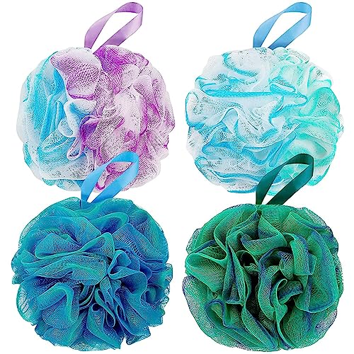 Bath Shower Loofah Sponge 60g Bath Mesh Pouf Shower Ball Body Scrubber Exfoliating Bath Sponge for Women and Men, Set of 4, Flower