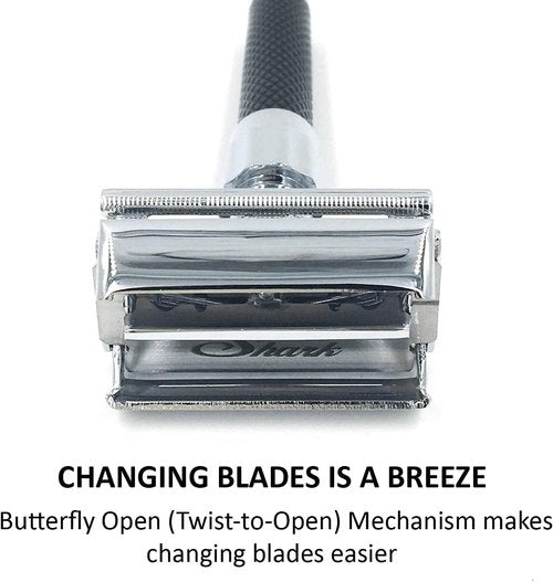Parker 92R Graphite Gray, Long Handle Heavyweight Butterfly Open Double Edge Safety Razor for Men, 5 Parker Premium Platinum Double Edge Razor Blades Included