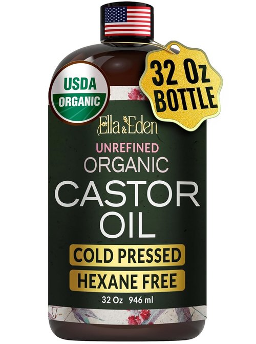Ella & Eden Organic Castor Oil – Cold-Pressed Hexane-Free Unrefined - For Hair Growth, Skin and Face - USDA Certified & 100% Pure - 32 fl oz