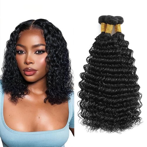 Deep Wave Human Hair Bundles 14 16 18 Inch Curly Weave Bundles Human Hair Unprocessed Native Virgin Hair 100/PC 3 Extensions Natural Black Color 1B Wet and Wavy Human Hair Extensions for Women