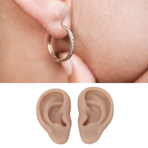 Dioche 1 Pair Silicone Ear Model Piercing Practice Model Silicone Ear Model Ear Body Part Kit for Earrings Display Ear Piercing Exercise (Deep Skin Color)