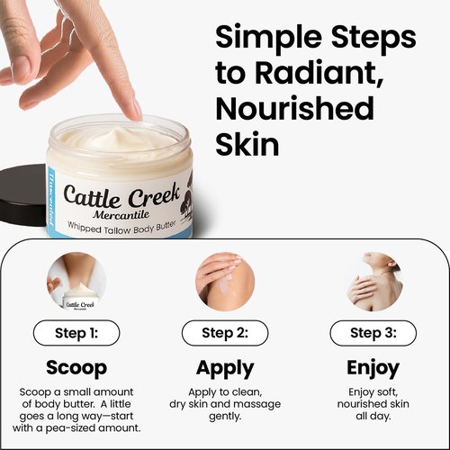 Cattle Creek Whipped Beef Tallow for Skin & Face – Deeply Moisturizing Tallow Balm – Organic Grass-Fed Skincare – Nourishes Dry, Sensitive Skin– Non-Comedogenic, Fast-Absorbing (4oz, Unscented)