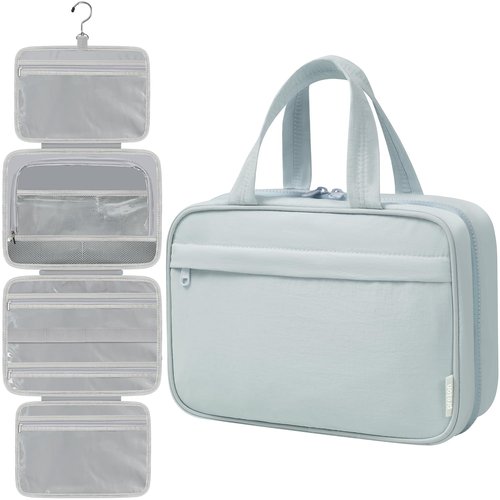 prezon Toiletry Bag For women,Portable Hanging Organizer,4 Leakproof Compartment for full-sized Conditioner, Brushes Set, Makeup Accessories,Visible and easy to access.M-blue