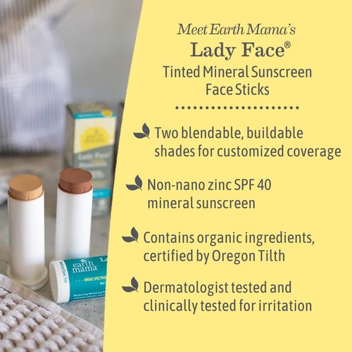 Earth Mama Lady Face® Tinted Mineral Sunscreen Stick, SPF 40 Medium/Dark Tint | Contains Organic Shea & Cocoa Butter | Foundation + Concealer + Contour, Blends with Most Skin Tones