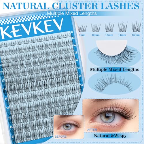 KEVKEV Wispy Lash Clusters Ultra-Thin Band Natural Eyelash Clusters 8-16mm Soft Cluster Eyelash Extensions Mix Length Ultra-Light Natural Look Natural Lash Clusters DIY Lash At Home(Wispy03)